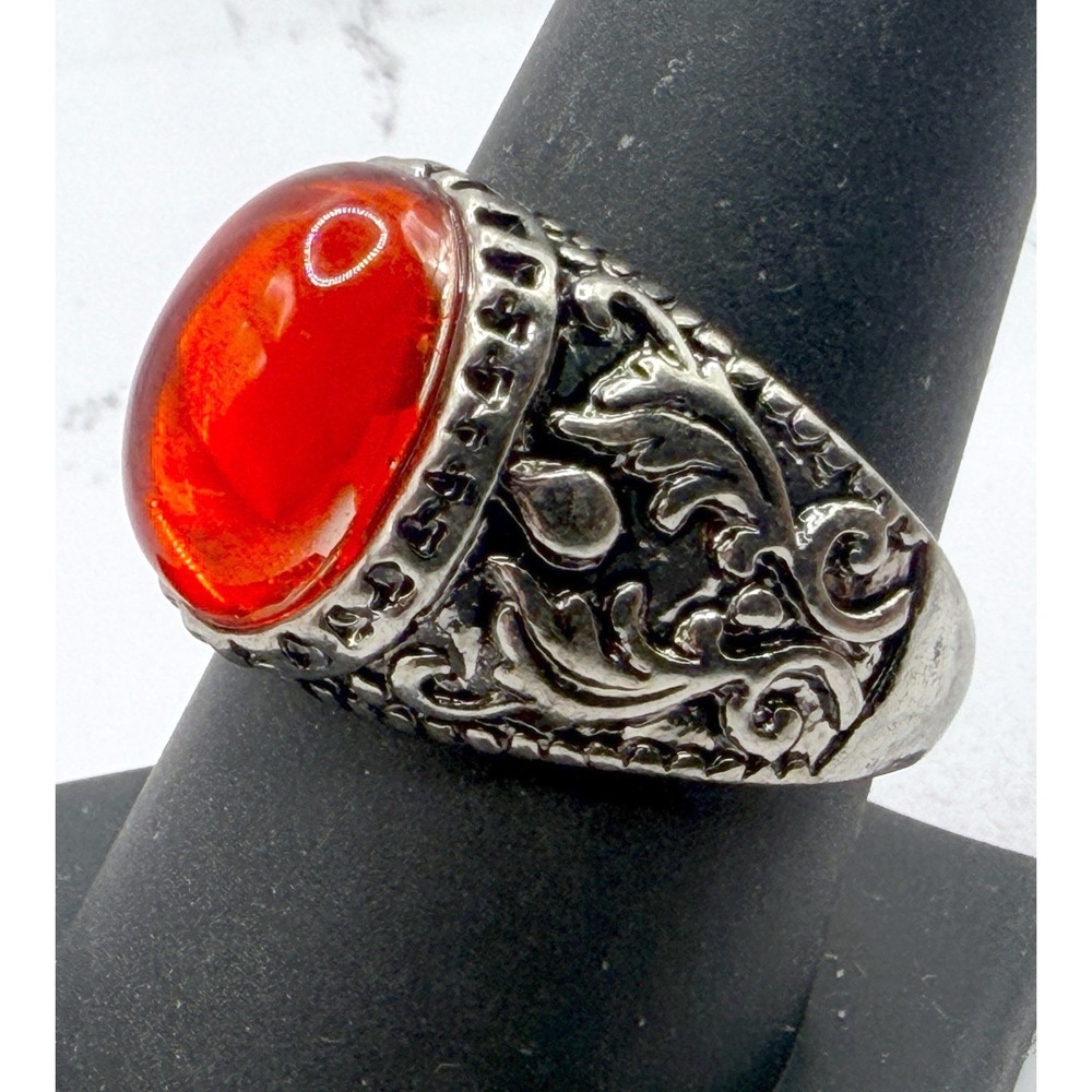 New Red Cabochon Glass Ring Silver Tone Ornate Vampirecore Statement Size‎ 9.5